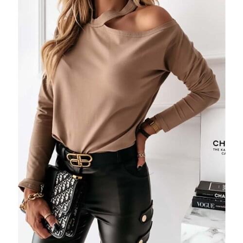 Neck-mounted O Neck Solid Color Long Sleeve T Shirt Women Off Shoulder Sexy Office Plus Size Tops Female Streetwear Tee Shirt