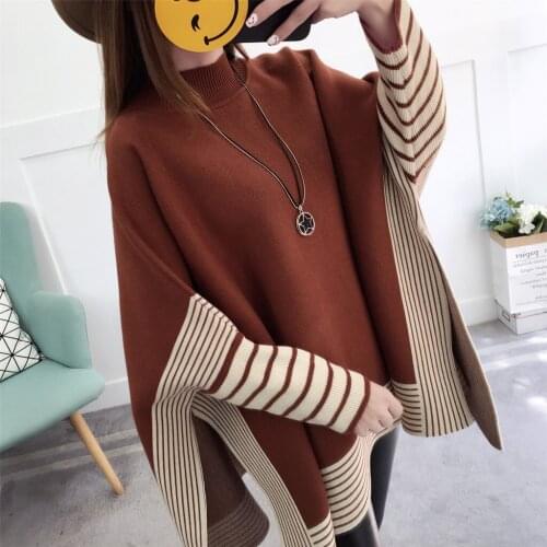 Pullover Sweater 2021 Patchwork Turtleneck Bat Sleeve New Autumn Winter Loose Big Yard Sweaters Vestidos LXJ1056