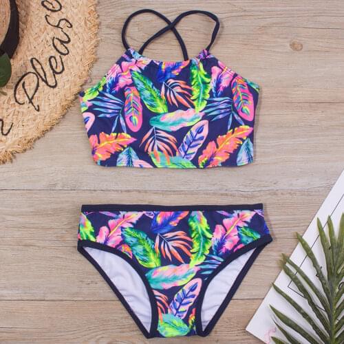 Tropical Leaf Girl Swimsuit Kids Bandage Girl Bikini Set 7-14 Years Two Piece Childrens Swimwear Crop Top Girls Bathing Suits