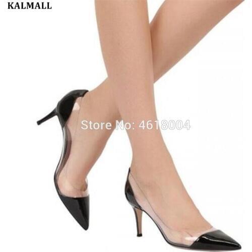 KALMALL Party Shoes Women Plexi Leather PVC Pumps Transparent-Panel High Heels Pointed Toe Stilettos PVC d'Orsay pump Wedding