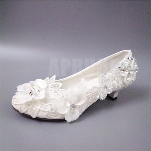 3CM mini heel white lace flowers bridal wedding shoes bride handmade luxury unique designer bridal bridesmaid girls proms pumps