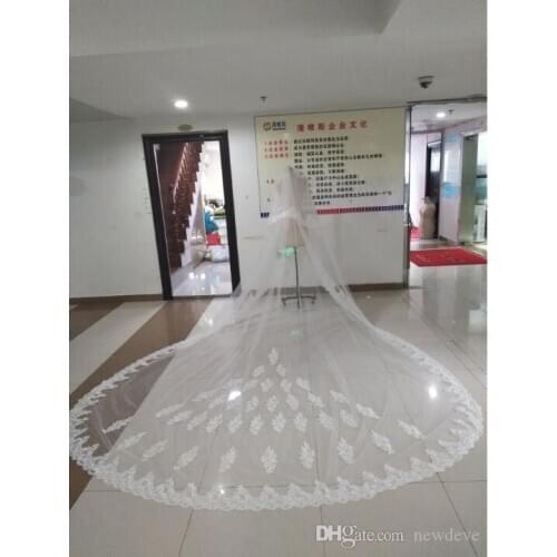 In Stock Wedding Veils Real Image Lace Appliques Two Layers Bridal Veils with Blusher Face 3/4/5 Meters Long Wedding Veil