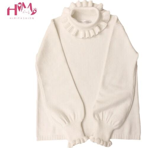 Turtleneck White Knitted Sweater Women Knitwear Autumn 2020 Vintage Ruffle Cute Girls Long Sleeve Red Jumper Christmas Sweaters