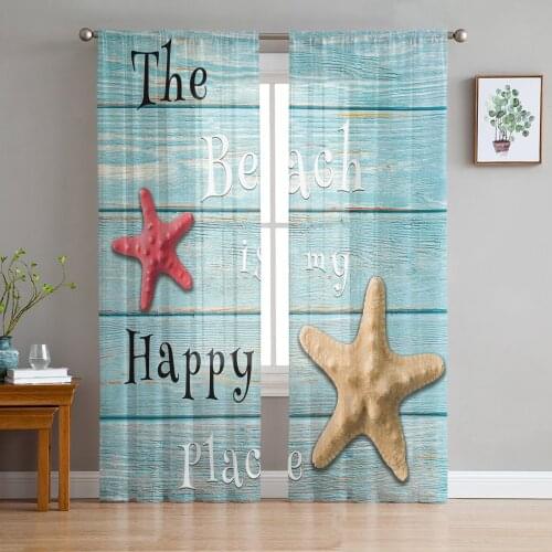 Wood Grain Beach Text Starfish Curtain For Living Room Transparent Tulle Curtains Window Sheer For The Bedroom Accessories Decor