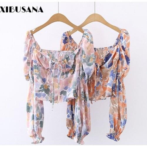 Freach Puff Sleeve Blouses Women Elegant Lace Up Slash Neck Long Sleeve Chiffon Shirt Autumn Female Pleated Blousas Crop Tops