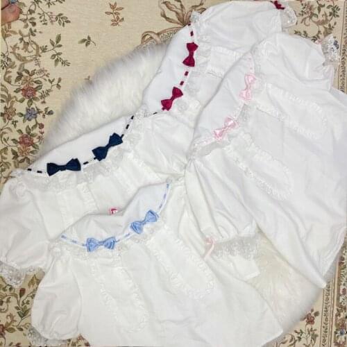Women Summer New Kawaii Lolita Shirt Baby Doll Fashion Peter Pan Collar Lace Cute Rabbit Ear Blouse Clothing Soft Girl Tops Y2k