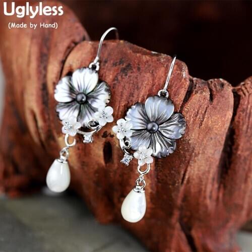 Uglyless Carved Shell Flowers Earrings for Women Nature Water Drop Pearls Earrings Real 925 Sterling Silver Floral Brincos E1725