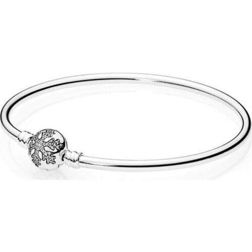 Authentic 925 Sterling Silver Crystal Snowflake Clap Snake Chain pan Bracelet Bangle Fit Women Bead Charm DIY Jewelry