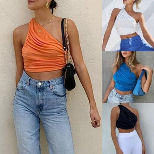 Womens Personality Solid Color Vest Summer Sexy One-Shoulder Pleated Exposed Navel Sleeveless Crop Tops