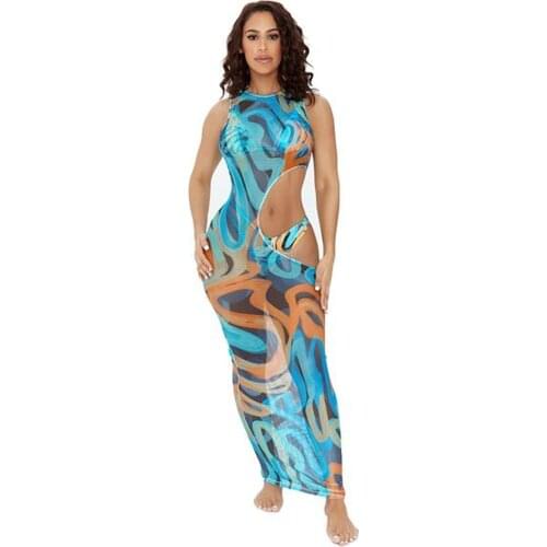 Echoine 3 pieces Sexy Sheer Mesh Tie Dye Print Bikini Bra Set Cover Up Hollow Dress Ladies Swimwear Beach Sexy Swimsuit Summer
