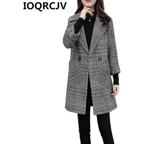 2019 Autumn Winter Women Woolen Coat Loose Plaid Double-breasted Woolen Blends Coat Female Houndstooth Long Sleeve Outerwear 535