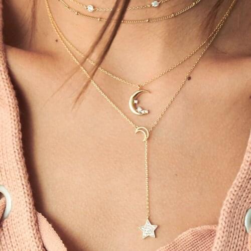 New Popular Fashion Personality Moon Five-Pointed Star Multi-Layer Women Combination Necklace Party Jewelry