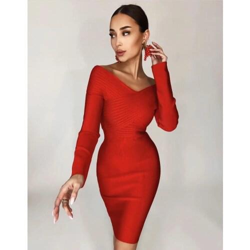 Celebrity Bandage Dress Red Sexy Off Shoulder Full Sleeve Rayon Mini Dress Women Sexy Night Club Party Dress