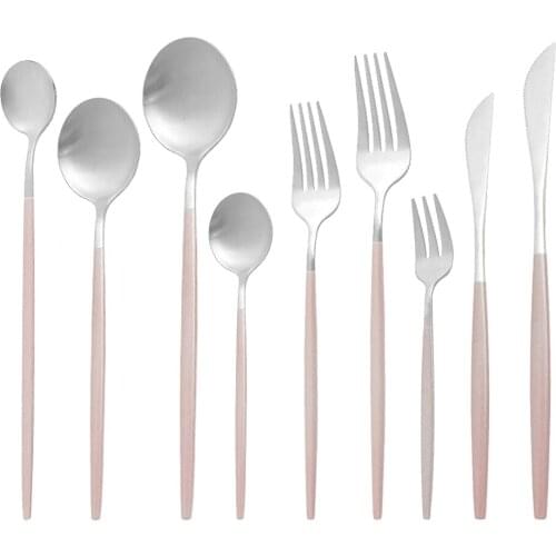 1Pcs Pink Silver Dinnerware Set Stainless Steel Matte Tableware Cutlery Set Home Dessert Knife Cake Fork Spoon Set Flatware Set
