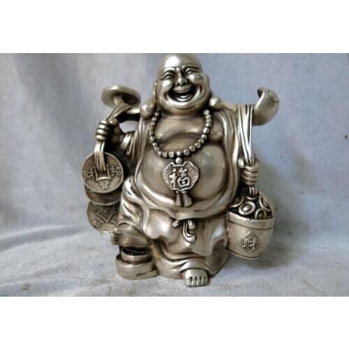 Silver sculpture China carved treasure buddhism happy Maitreya Buddha Statue