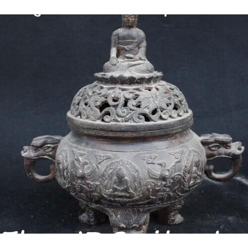8"Old Ming Dynasty Bronze Shakyamuni Buddha Dragon Phoenix Incense Burner Censer