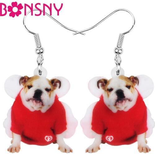 Bonsny Acrylic Christmas French bulldog Earrings Big Print Pet Animal Dangle Drop Jewelry For Women Girls Charm Gift Accessories