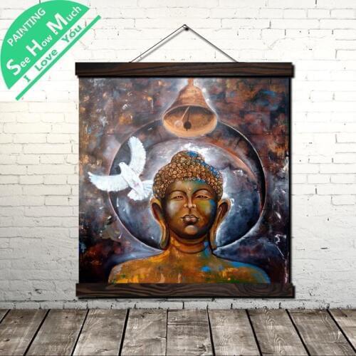 Asian Charisma Buddha Scroll Painting Canvas Vintage Poster and Prints Wall Art Picture Living Room Bedroom Farmhouse Decoration