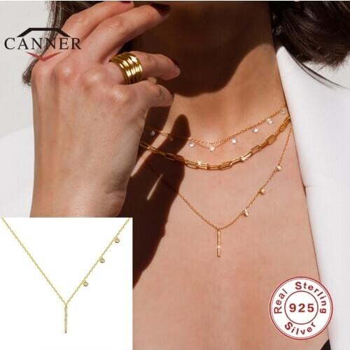 CANNER Real 925 Sterling Silver Necklace for Women Simple Clavicle Straight Zircon Pendant Chains Necklaces Jewelry collares