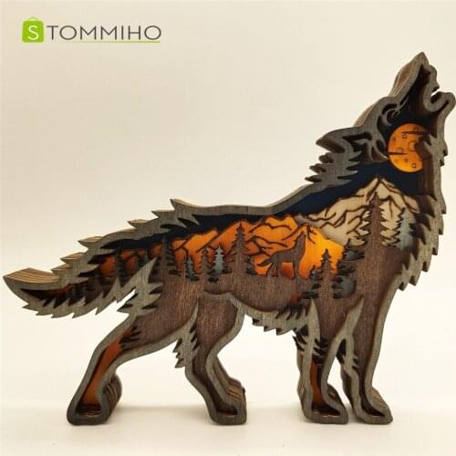 STOMMIHO Woodcarving Craft Wolf Sculpture Forest Animal Figurines Home Office Desktop Decorations Christmas Birthday Gifts