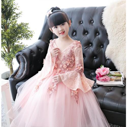 Elegant Kids Appliques Lace Flower Girls Dress Flare Sleeve Pageant Party Wedding Ball Gown Prom Princess Formal Girls Dress