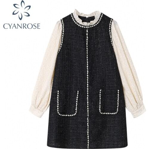 Elegant Women Dress Round Neck 2020 Autumn Patchwork Long Sleeve Casual Vintage Black Ladies A-Line Mini Party Dresses Vestidos