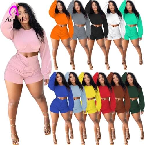 Fitness Women 2 Piece Set Solid Long Sleeve Crop Top + Skinny Biker Shorts Matching Set Activewear 2021 Autumn Sporty Tracksuits