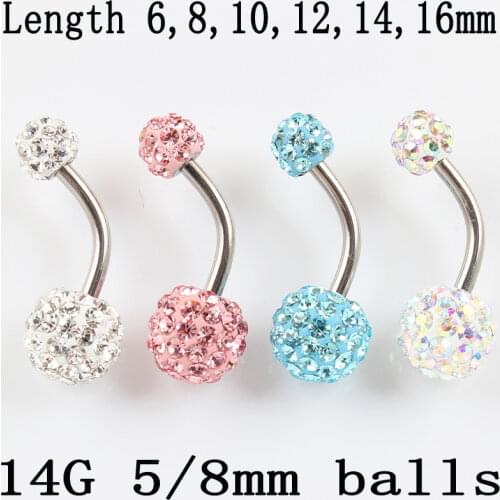 Belly ring fashion Woman body Piercing jewelry belly button ring rhinestones balls Navel bar 14G stainless steel pin