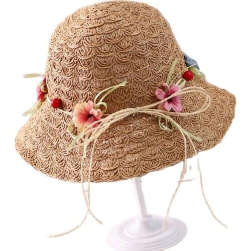XEONGKVI Korean Wreath Bowknot Parent-child Sun Hats Spring Summer Folding Straw Hats For Women Girl Bucket Cap