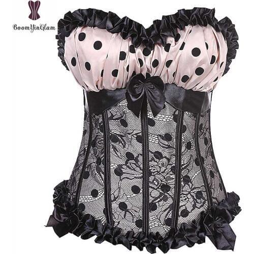 Lace Up Corset Polka Dot Korsett For Women Ruffle Bra Cup Korset Side Zipper Plus Size Gorset Lingeries Elastic Boned Bustier