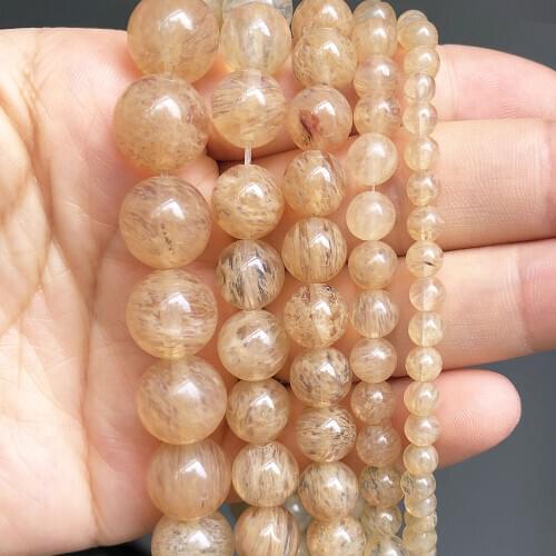 Gold Hair Rutilated Quartz Round Loose Spacer Beads For DIY Jewelry Making Bracelet Charms Accessories 15''Inches 4 6 8 10 12mm