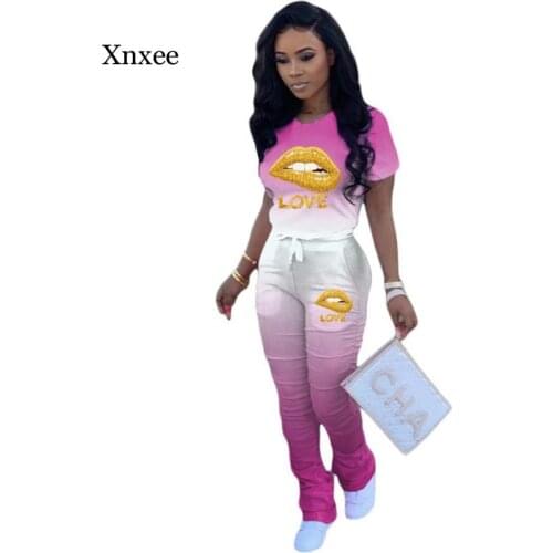 Summer Womens Two-Piece Casual Letter Printed Tights Streetwear Short-Sleeved Tops and Jogging Stacks with Bell Bottoms