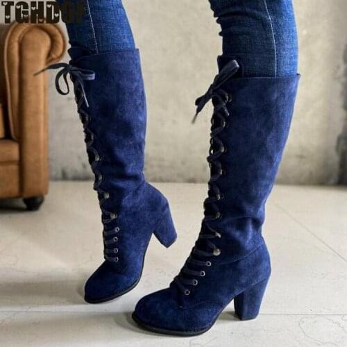 Tghdof2021 Fashion Boots Womens Shoes Knee-length Ladies Casual Retro Vintage Mid-tube Boots Lace High Heels