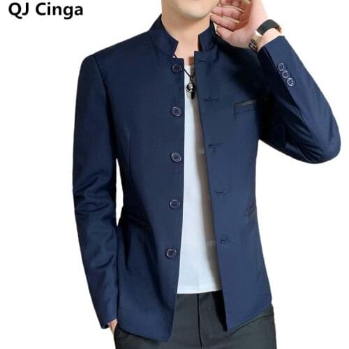 Autumn New Retro Suit Blazer Coat Men Single-Breasted Stand-Up Collar Male Long-Sleeved Jacket Black Blue Wine Red Overcoat 6xl