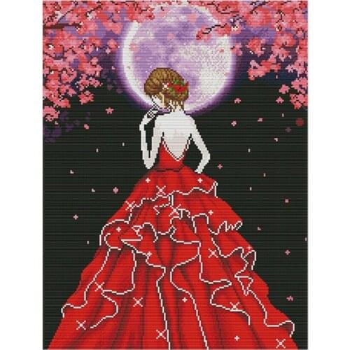 Cross Stitch Stamped Kits Printed Embroidery Cloth Needlepoint Kits Easy Patterns for Pretty Lady on Moonlit Night 11CT