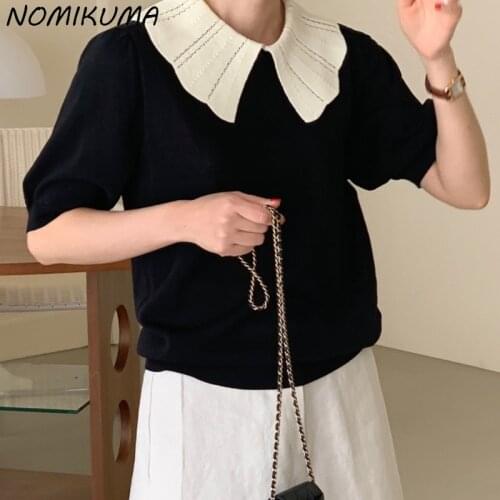 Nomikuma Causal Thin Puff Sleeve Knitted Tops Women Korean Hit Color Peter Pan Collar Pullovers Summer Chic Knitwear 2021 6J649