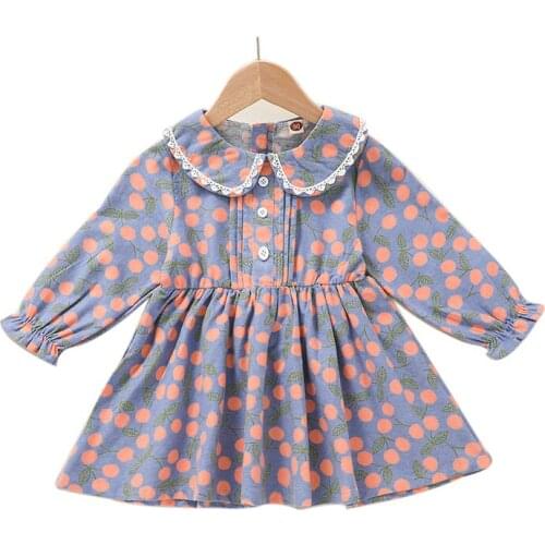 2021 New Child Girls College Style Dress Fruit Print A-line Dress Autumn Long Sleeve Kids Clothing 2-7Y