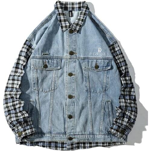 2021 Spring Autumn New Men Denim Jacket Patchwork Fake Two Piece Hipster Casual Turn-Down Collar Coat