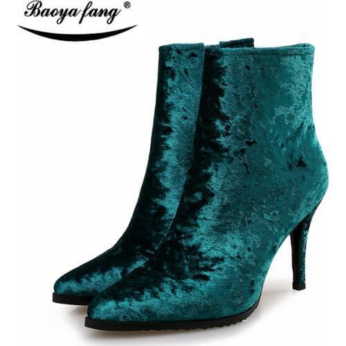 BaoYaFang New arrival women Boots Winter fashion Flock ankle boots for woman High heels shoes female pointed toe