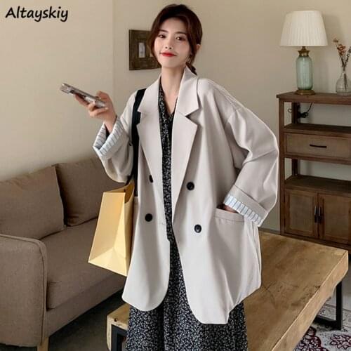 Blazers Women Double Breasted Fashion Outerwear Solid Loose Chic Spring Office Basic Notched Office Ladies Plus Size Cozy Retro