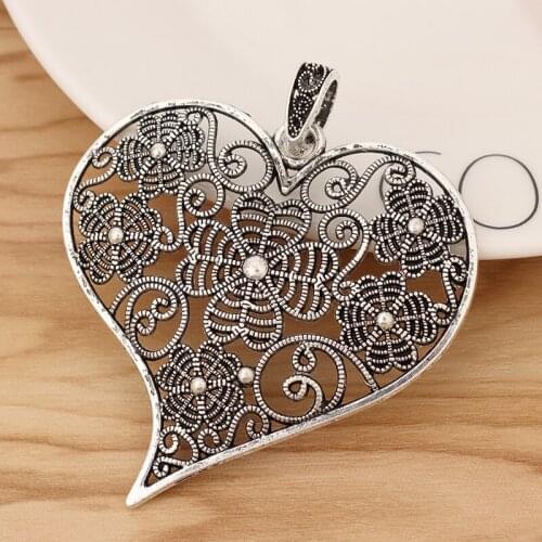 2 Pieces Tibetan Silver Tone Large Heart Flower Charms Pendants for Necklace Jewellery Making Accessories
