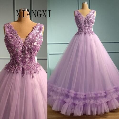 Light Purple Evening Dress robe de soiree V-Neck Sleeveless Beaded Floor Length Formal Evening Dresses Long Vestido de festa Longo