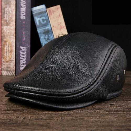 High Quality Berets First Layer Cowhide Leather Cap For Man Middle-Aged Dad Caps With Warm Ear Protector Autumn Winter Beret Cap