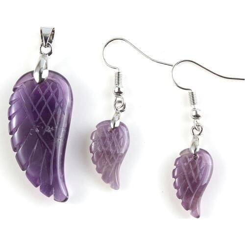 YJXP Jewelry Sets Silver Plated Natural Purple Amethysts Quartzs Angel Wings Pendant and Drop Earrings for Women Charms Jewelry