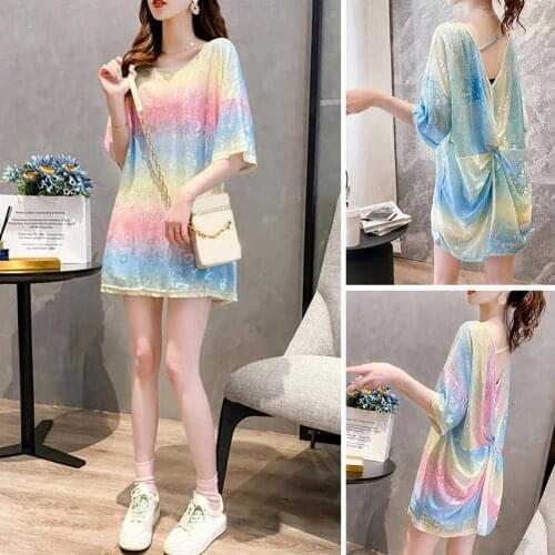 Women Summer Backless Round Neck Shiny Letters Print Short Sleeve Loose T-Shirt