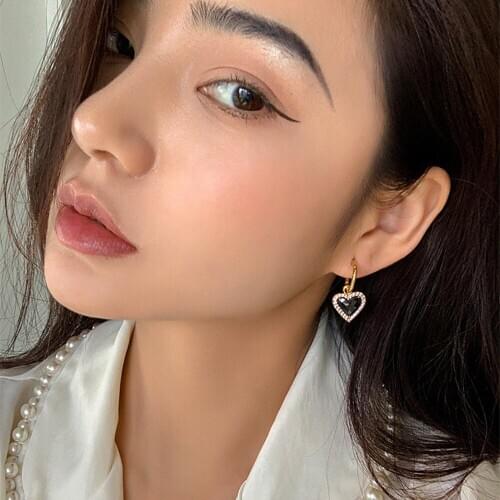 Fashion Love Heart Black Crystal Zircon Diamonds Gemstones Drop Earrings for Women Gold Color Jewelry Brincos Bijoux Accessories