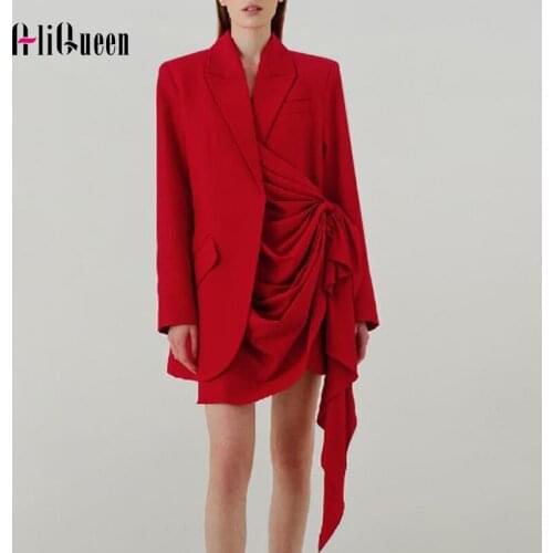 Autumn Spring Women Red Irregular Runway Blazers Coat Elegant Korean Black Notched Single Breasted Ruched Ladies Blazer Coats