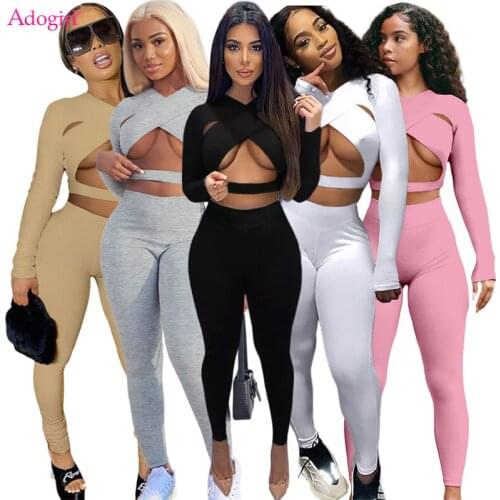 Adogirl Women Solid Autumn Tracksuit Cross Hollow Out Long Sleeve Crop Top High Waist Pencil Pants Stretchy Casual Sport Suit