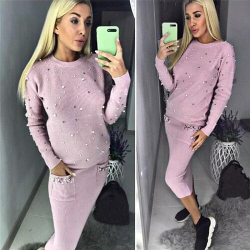 Women Fall Winter Pearl Beading Two Piece O-Neck Warm Set Knitted Pullover+Pencil Skirt Female Elegant Solid Color 2 Piece Suits