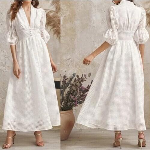 2021 European and American new dress summer temperament white long high waist Check Dress